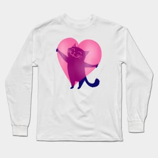 Cute blue cat holding a big pink heart - version 1 Long Sleeve T-Shirt